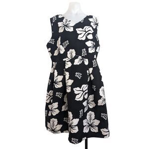 Aofuli Plus Size 5XL Floral A-Line Dress Black White Pleated V Neck Sleeveless